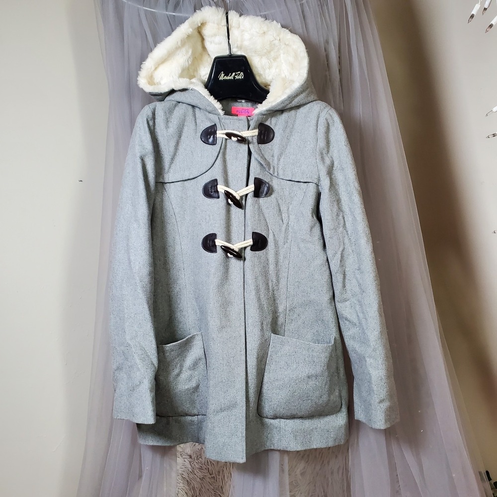 Monsoon Fusion Wool Blend Toggle Hooded Coat Faux Fur Trim Size 10 Boho 90s Gray